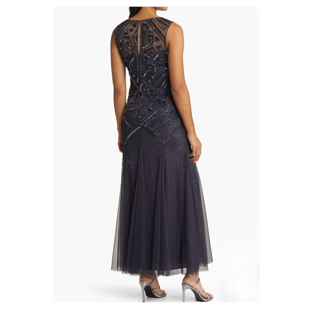 Pisarro Nights Slate Blue Geometric Beaded Sleeveless Gown D-2621 Size 14 - Picture 3 of 13